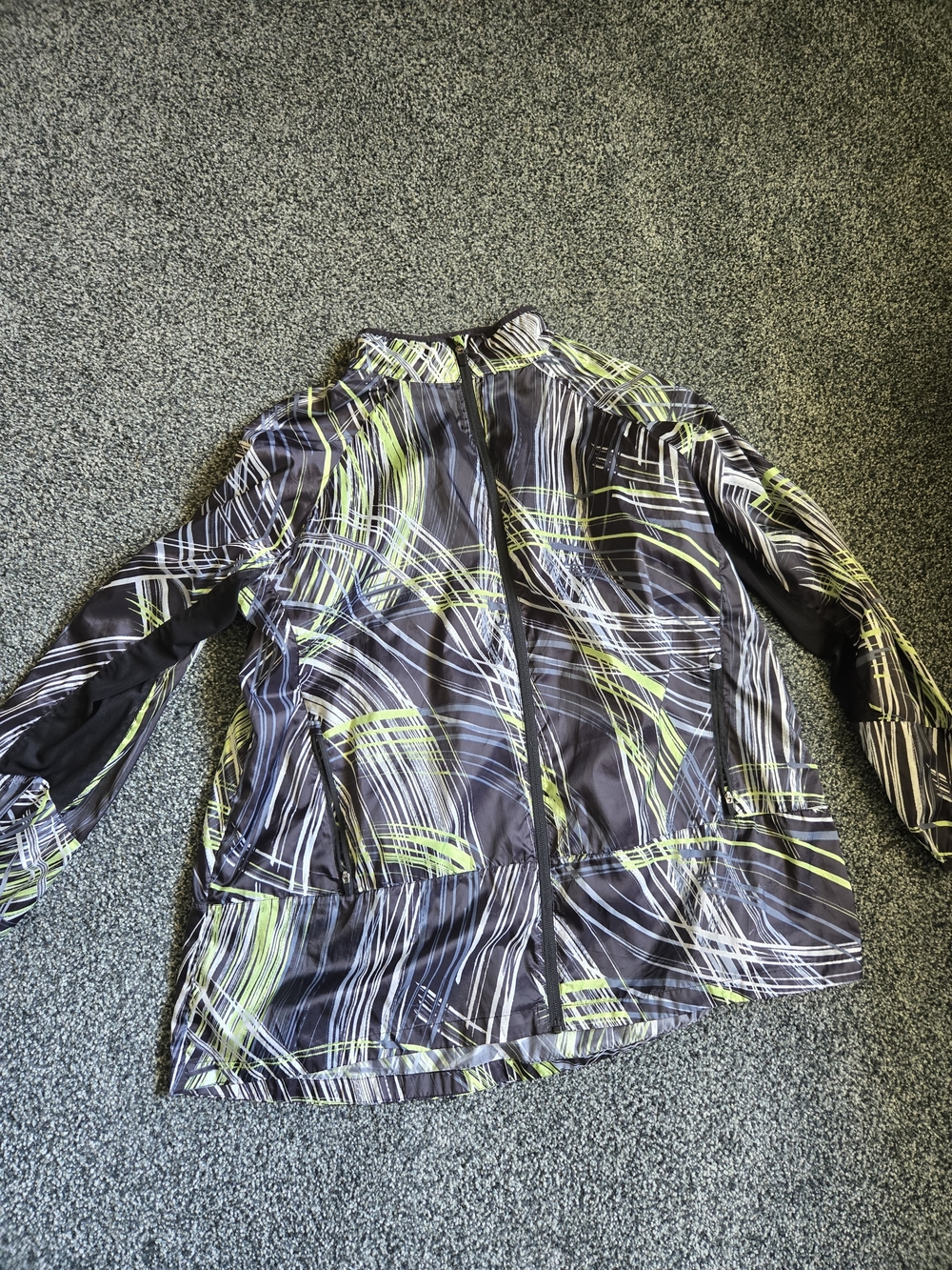 LuLaRoe Black Jacket with Light Blue Neon Green  & White Abstract Stripes